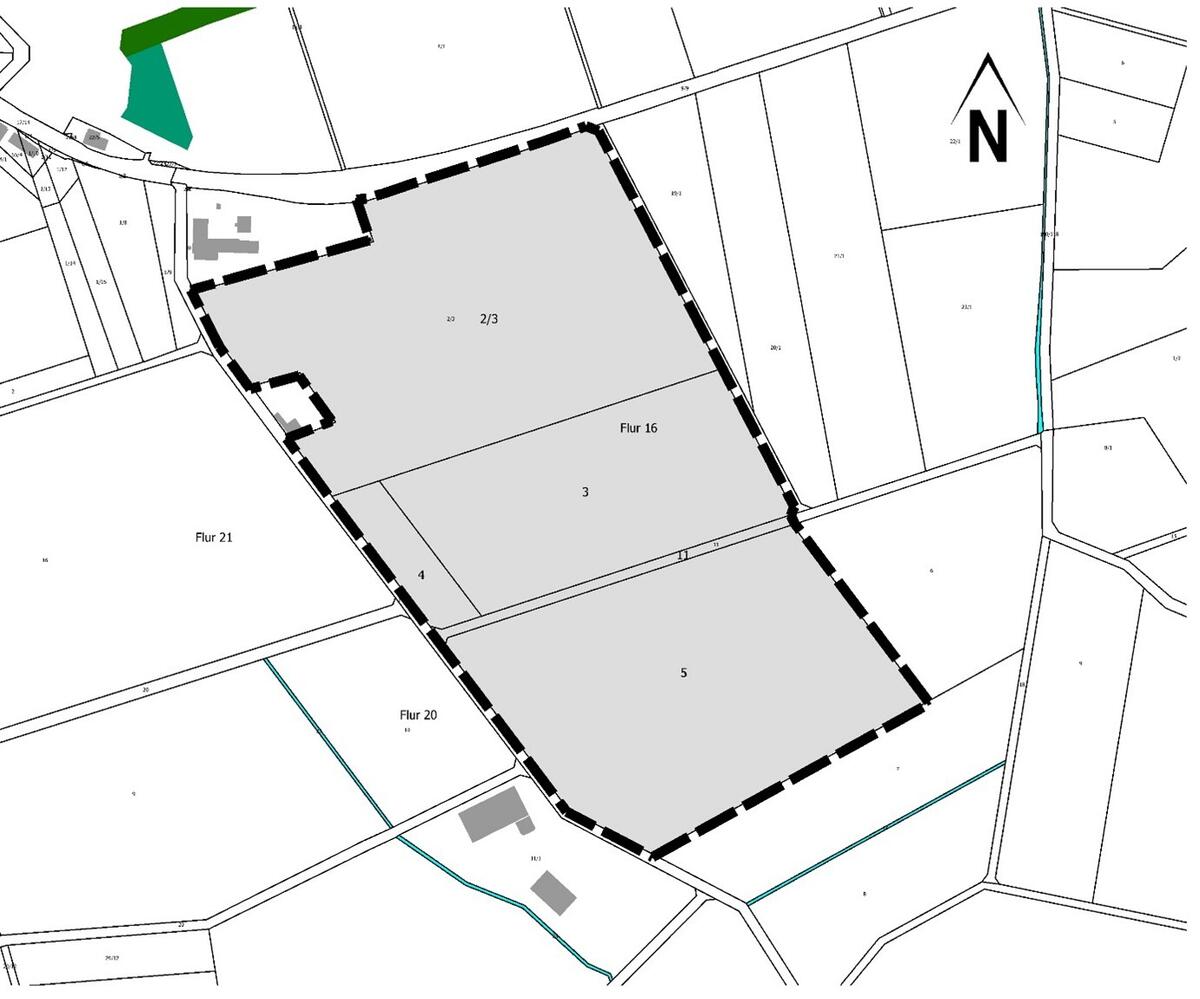 Änderungsbereich der 46. Änderung des Flächennutzungsplanes und Geltungsbereich vorhabenbezogener Bebauungsplan Nr. 11 »Solarpark-Rhena, Auf der Höhe", Gemarkung Rhena (genordet, ohne Maßstab).