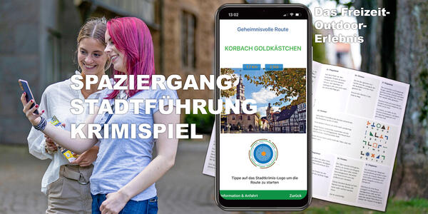 Bild vergrößern: Das Bild zeigt einen Handy-Bildschirm und das Routenheft zu einem der beiden Korbacher Stadtkrimis.